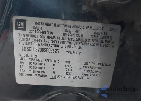 2008 Saturn Vue V6 Xr z USA, uszkodzony, nr VIN 3GSCL53708S502526